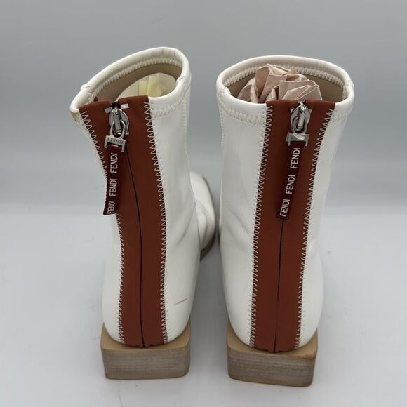 New Fendi FFrame White Patent Neoprene Stretch Logo Ankle Chelsea Boot 38/ US 8 - Picture 6 of 12